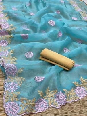 Designer Sky Blue Organza Saree