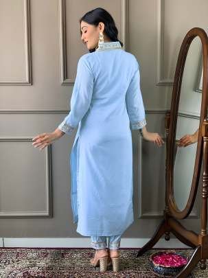 Designer Sky V Neck Embroidery Work Kurti Pant Dupatta Set