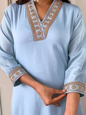 Designer Sky V Neck Embroidery Work Kurti Pant Dupatta Set
