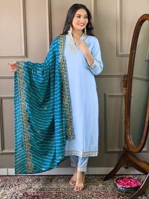 Designer Sky V Neck Embroidery Work Kurti Pant Dupatta Set
