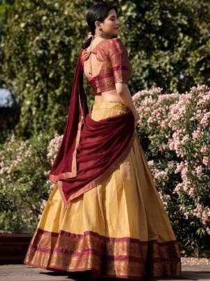 Designer South-Style Kanchipuram Silk Cream Half Lehenga