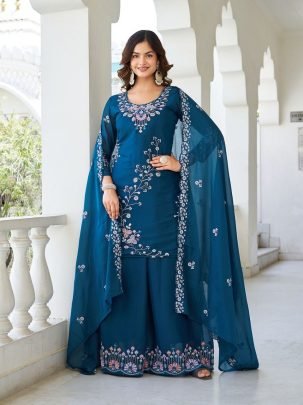 Designer teal Blue Sequence Embroidery Work Plazzo Suit 