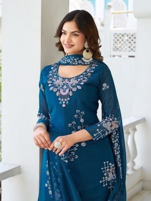 Designer teal Blue Sequence Embroidery Work Plazzo Suit