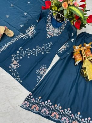 Designer teal Blue Sequence Embroidery Work Plazzo Suit