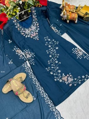 Designer teal Blue Sequence Embroidery Work Plazzo Suit