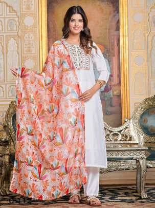  Designer Viscose Chanderi White Kurti Pant Set