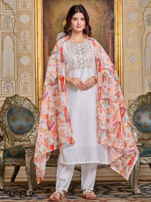 Designer Viscose Chanderi White Kurti Pant Set