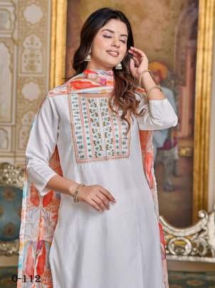 Designer Viscose Chanderi White Kurti Pant Set