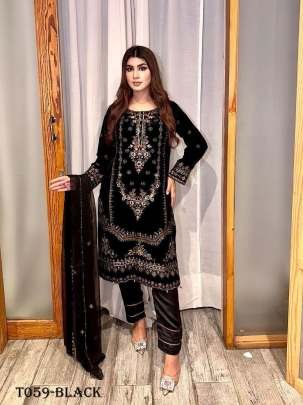 Designer Viscose Velvet Ready To Wear Black Kurti Pant Set
