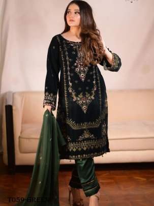 Designer Viscose Velvet Ready To Wear Green Kurti Pant Set
