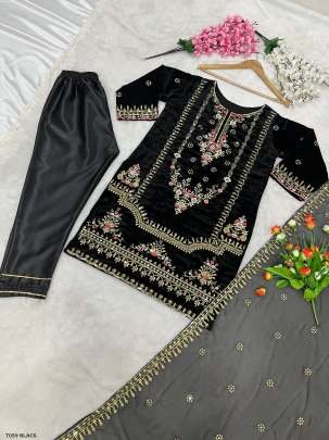 Designer Viscose Velvet Ready To Wear Black Kurti Pant Set