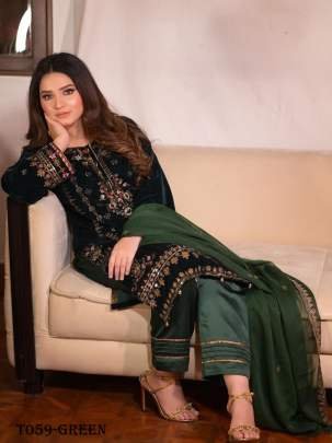 Designer Viscose Velvet Ready To Wear Green Kurti Pant Set