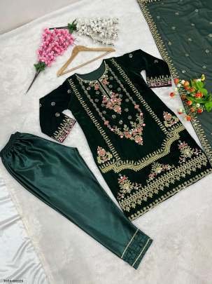 Designer Viscose Velvet Ready To Wear Green Kurti Pant Set