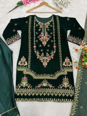 Designer Viscose Velvet Ready To Wear Green Kurti Pant Set