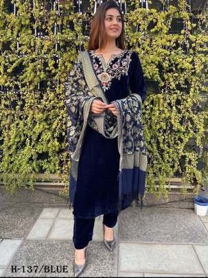 Designer Viscous Velvet Blue Suit Pant Set With Embroidery  Work