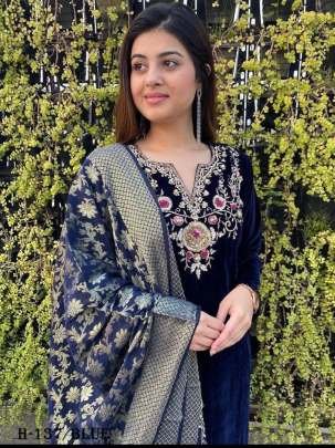 Designer Viscous Velvet Blue Suit Pant Set With Embroidery  Work