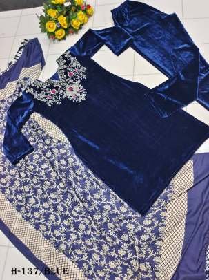 Designer Viscous Velvet Blue Suit Pant Set With Embroidery  Work