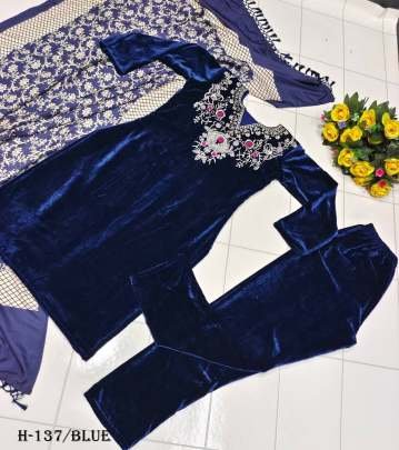 Designer Viscous Velvet Blue Suit Pant Set With Embroidery  Work