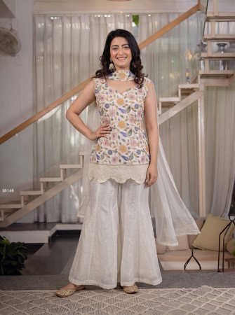 Designer White Embroidered Sharara Suit
