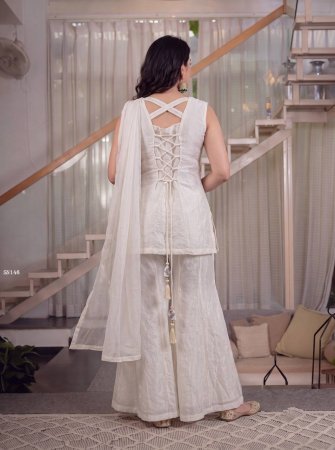Designer White Embroidered Sharara Suit