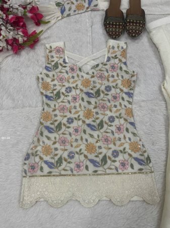 Designer White Embroidered Sharara Suit