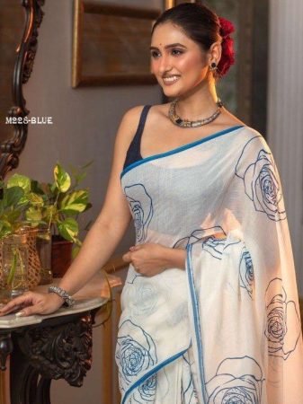 Designer White Floral Saree with Subtle Blue Accents