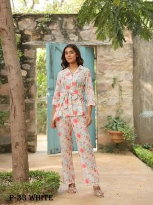 Designer White Flower Printed Co Ord Set