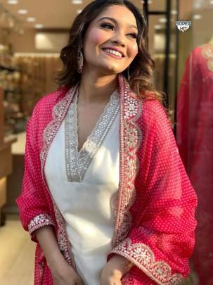 Designer White Kurti with Pant and Red Dupatta Set