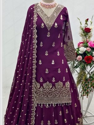Designer Wine Lehenga Set With Siqwans Embroidery Work