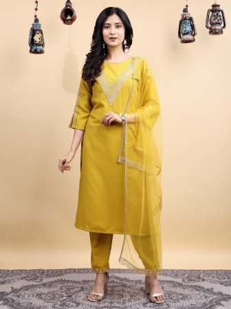 Designer Yellow Embroidered Blend Cotton Kurta Pant Dupatta Set