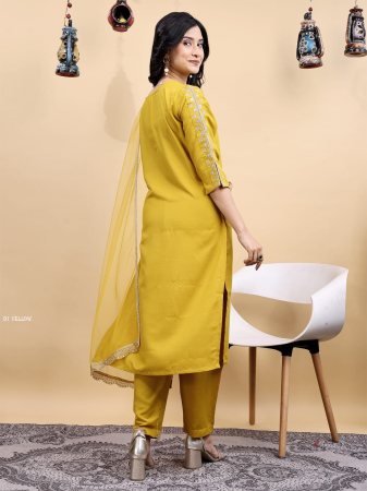 Designer Yellow Embroidered Cotton Kurta Pant Dupatta Set