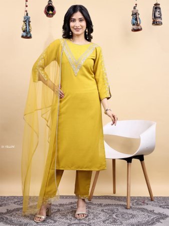 Designer Yellow Embroidered Cotton Kurta Pant Dupatta Set