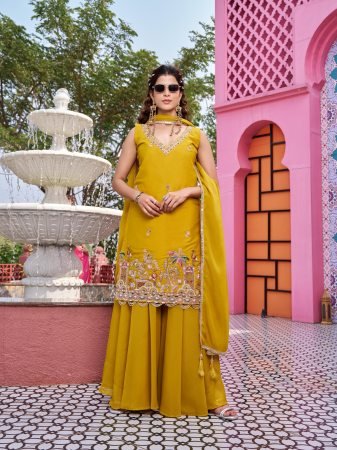 Designer  Yellow Georgette Palazzo Set With Thread Embroidery Work 