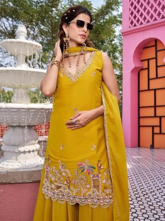 Designer  Yellow Georgette Palazzo Set With Thread Embroidery Work