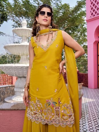 Designer  Yellow Georgette Palazzo Set With Thread Embroidery Work
