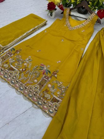 Designer  Yellow Georgette Palazzo Set With Thread Embroidery Work
