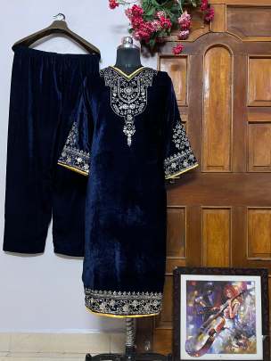 Desiner Blue Velvet Cord-Set With Beautiful Sequins Work