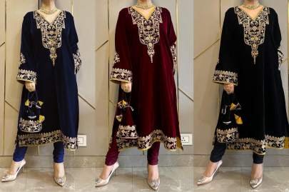 Desiner Blue Velvet Cord-Set With Beautiful Sequins Work