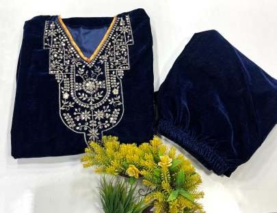 Desiner Blue Velvet Cord-Set With Beautiful Sequins Work