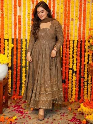 Devi vol 1 Brown Georgette With All over Embroidery Work Gown with Dupatta