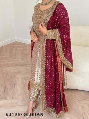 Devsena Silk Glodan Heavy Embroidery With Sequins Work Kurti Palazzo Dupatta Set