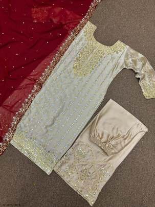 Devsena Silk Glodan Heavy Embroidery With Sequins Work Kurti Palazzo Dupatta Set
