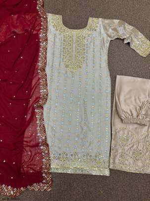 Devsena Silk Glodan Heavy Embroidery With Sequins Work Kurti Palazzo Dupatta Set