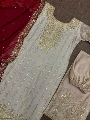 Devsena Silk Glodan Heavy Embroidery With Sequins Work Kurti Palazzo Dupatta Set