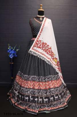 Digital Print Black Muslin Cotton Lehenaga Choli