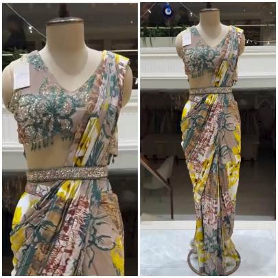 Digital Print Work Soft Chinon Silk Ready To Wear Saree