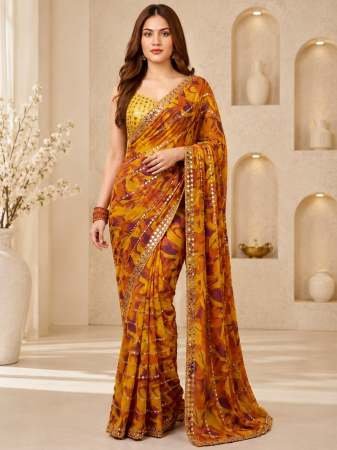 Digital Print Work Yellow Colour Saree