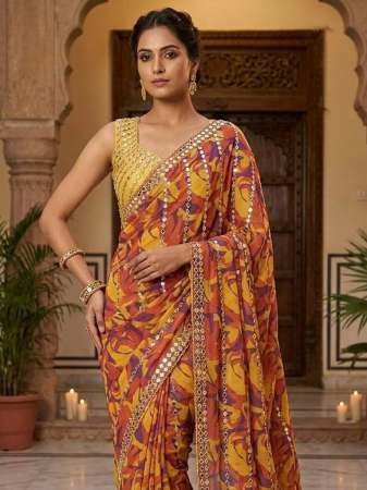 Digital Print Work Yellow Colour Saree