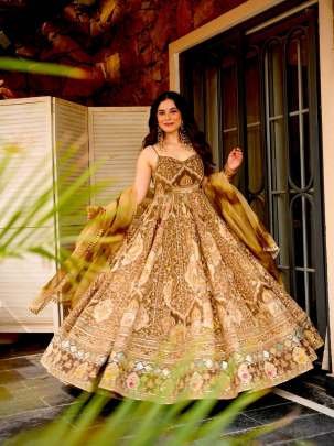 Digital Printed Oragnza  Anarkali Brown Color Gown
