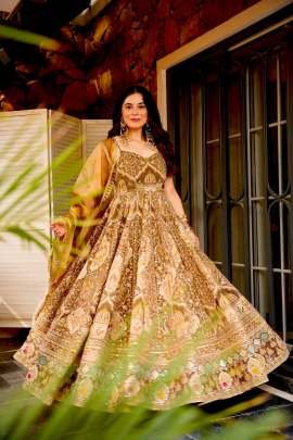 Digital Printed Oragnza  Anarkali Brown Color Gown